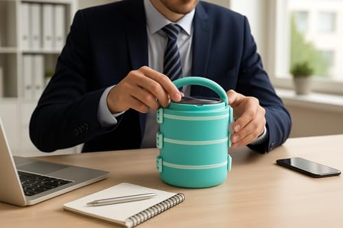 Image of 3 Layer Stainless Steel Insulated Lunch Box-Tiffin Box for Kids,Adults| Leak Proof Double Wall Lunchbox for Office, School Use with Spoon & Lid -Color May Vary (Oval)