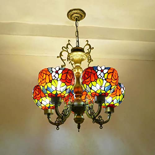 Dazii 5 Lights Tiffany Style Chandeliers, Victorian Style Stained Glass Ceiling Pendant Light for Living Room Bedroom Dinning Room Kitchen Island,B