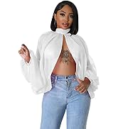 Women’s Sexy See Through Chiffon Sheer Lantern Sleeve Front Back Open High Neck Self Tie Shawl Ca...