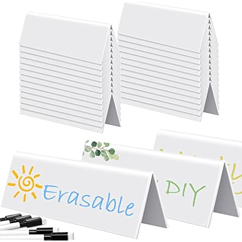 Fainne 20 Sets Reusable Name Tent Cards with Black Markers Dry Erase Name Tent Cards Wipe Clean Desk Name Tags Classroom Guest Name Plate for Weddings, White, 8.66 x 2.75 x 1.9 Inches Cover