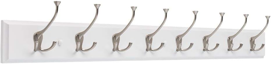 Franklin Brass Tri-Hook (1-Pack) 45" Coat Rack Wall Mount Pure White Hat Rack with 8 Hooks Hanging Hook Rail for Clothes, Towels, Purses, Bags, Kitchen, Entry, Closet Organization R33646K-PMN-R Pure White & Nickel