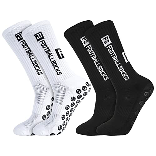 KLEBREIS - KLEBREIS Non Slip Sport Soccer Socks 2 Pairs Anti Slip Football Grip Socks Unisex Athletic Sports Socks with Rubber Dots for Men Women Kids Football Basketball Baseball Running Tennis (Black+White)