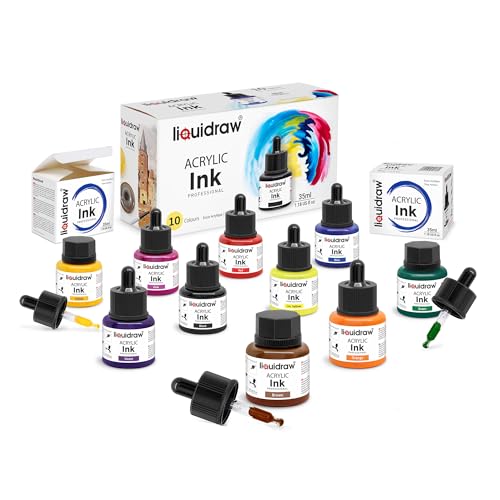 Liquidraw Acrylic Drawing Ink - 10 Assorted Colours | 35 ml Bottles with Ink Dropper | Suitable for Painting, Art Drawing & Design | for Professionals, Artists, Students & Hobbyists | Waterproof