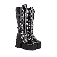 JIFAENY Ladies Punk Goth Platform Boots Gothic Wedge Chunky Ins Motorcycle Mid -Calf Combat Knee High Zipper Boots
