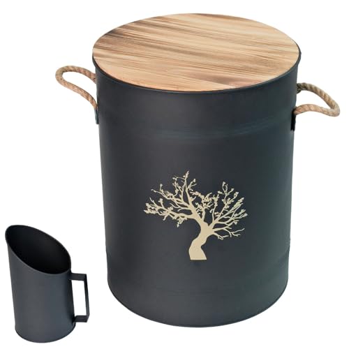 FACILITYS Réservoir à Pellets 51L avec Pelle et Tamis, Bac à Granulés en Acier Noir Design, Coffre à Pellets pour Poêle à Granulé, Seau à Pellets avec...