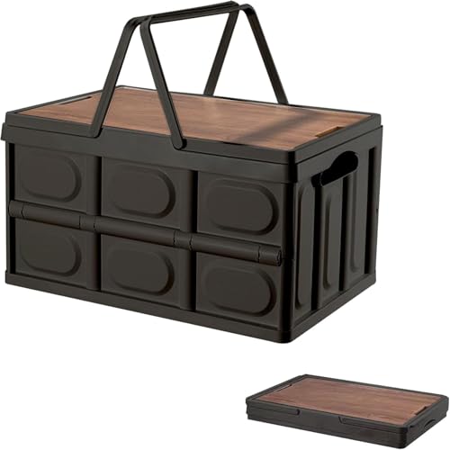 キャンプ 35L 折りたたみ 収納ボックス キャンプ用品木製の蓋付き 持ち手 アウトドアボックス コンテナ ボックス 折り畳み 組立簡単 強い耐荷重 大容量 35L 車載収納 ブラック
