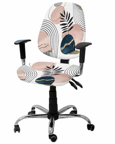 Boho 2 Pieces Computer Office Chair Covers Set,Stretchable Desk Rotating Chair Seat Cushion Slipcover Back Covers,Farmhouse Abstract Pink Navy Blue Geometric Leaves Slipcover Back Cover Protector