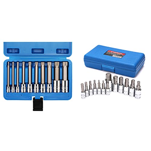 casoman CASOMAN 10 Piece Spline Tip Bit Socket Set, M-Type, S2 and Cr-V Steel, Extra Long 4'' Length, M4-M18 & CASOMAN 13 Piece Hex Bit Socket Set, S2 Steel Bit Socket Tool Kit, Metric, 2mm-14mm