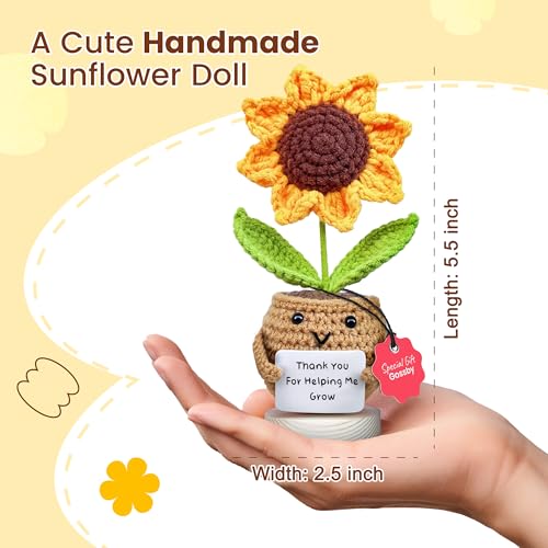 Image of Gossby Teacher Appreciation Gifts - Thank You for Helping Me Grow - Mother's Day, Birthday, Graduation, End of Year, Thank You, Teacher's Day Gift from Student - Handmade Positive Sunflower Crochet