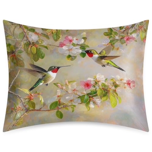 Spring Branch Hummingbirds Satin Pillowcase for Hair and Skin, Silk Pillowcase Standard Size Silky Pillow Case with Zipper Slip Cooling Pillow Cover (20x26 Inches)