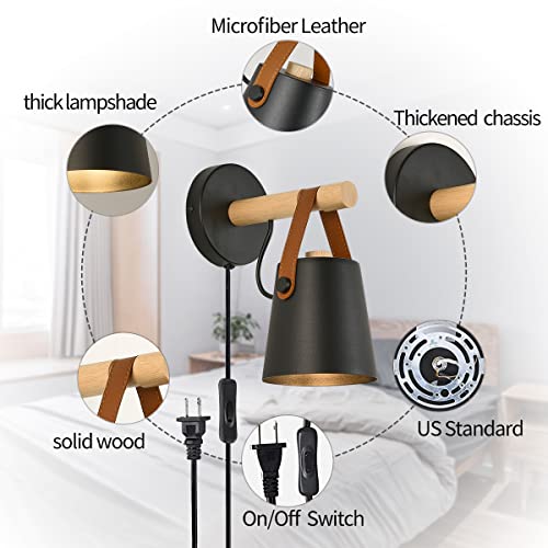 Plug In Wall Lamp For Badroom Modern Sconce Wall Lighting Fixture Black Industrial Sconce Lamp For Badroom With Wood And Leather Light For Bedside Farmhouse Aisle Corridor Living Room #TOP2