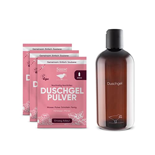 Sause 600 ml pflegendes Duschgel Pulver Duft Himbeer Minze mit recycelter PET Duschgel Flasche | Flüssig Duschpulver biologisch & vegan Cover