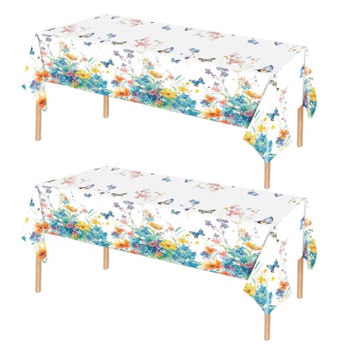 2 Pack Wildflower Tablecloth Party Decorations, 54 X 108Inch Floral Tablecloths Disposable Plastic Table cover Butterfly Wildflower Porcelain Table Decor for Birthday Garden Wedding Tea Party Supplies