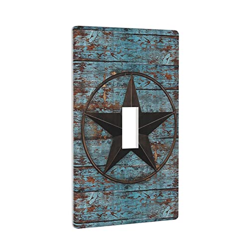 Rustic Wood Board Western Texa Star Single Toggle Light Switch Cover 1 Gang Wall Plate Decorative Blue Brown Plank Switchplate Electrical Faceplate For Farmhouse Bathroom Bedroom Home Decor #TOP1