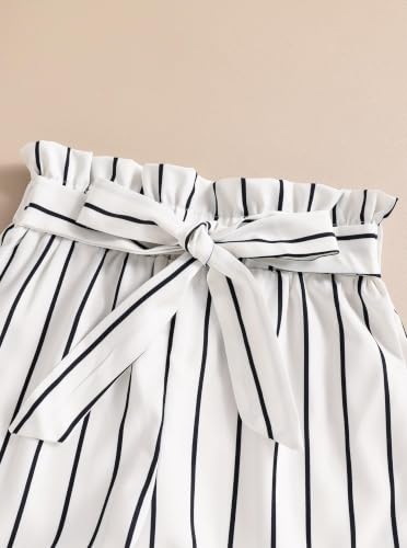 Image of Girls 2 Piece Outfits Summer Ruffle Sleeve Top and High Waisted Striped Shorts Set for Girls 7-14