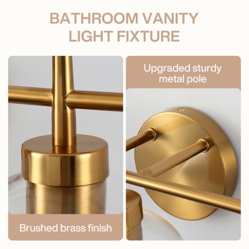 Tribesigns Bathroom Light Fixtures, 3-Light Bathroom Vanity Lights Over Mirror with Clear Glass Shade, Modern Brushed Gold Wall Sconces, Damp-Rated, E26 Base by Tribesigns - Used condition - Image 4