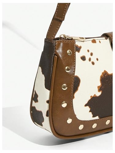 Women’s Cow Print Studded Underarm Bags Zipper Buckle Shoulder Handbags Retro Cowgirls Purse4