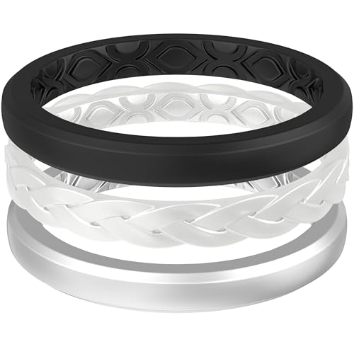 ThunderFit Stackable Silicone Ring Enhancers for Women, Breathable Rubber Wedding Bands - Braided Design 3mm Wide 1.8mm Thick - 3/8 Variety Multipack