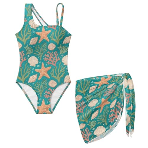 Yorontervo Starfish Teen Girls One Piece Swimsuit with Mesh Cover-Up Removable Cups and Full Coverage Modest Cut for Family Cruise Pool Days and Shore Excursions(7-8 Years)