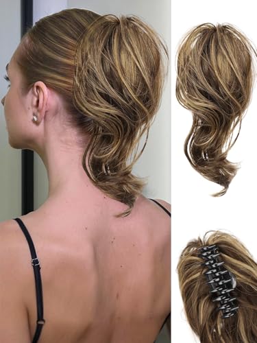 KooKaStyle 10" claw clip in ponytail hair extensions short curly natural synthetic fake hair dark brown & golden auburn hairpieces for women daily use