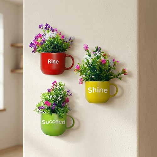 Image of Dekorly Wall Hanging Mug Planters with Artificial Flowers (20CM) - Decorative Hanging Cups, Colorful Floral Wall Decor for Living Room Bedroom Balcony Office Gift Set (3, Rise Shine Succeed)