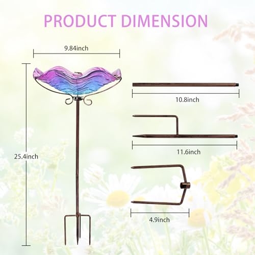 DREAM GARDEN Glass Bird Bath for Outdoors, Garden Birdbaths Birdfeeder with Metal Stake for Outside Yard Lawn, Purple