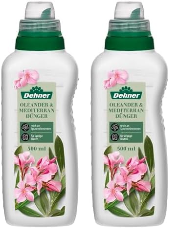 Dehner Oleander- und Mediterrandünger, hochwertiger Flüssigdünger, Dünger für Mediterranpflanzen, organischer NPK-Dünger, mit Spurennährstoffen, 500 ml, für ca. 75 l, bunt (Packung mit 2)