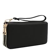 Double Zip Around Vegan Leather Wristlet Wallet (Black)