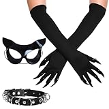 Masque d'Halloween pour femme   Costume de chat noir   Accessoire avec masque de chat   Gants longs à ongles   Collier en cuir synthétique   Masque Catwoman pour Halloween, carnaval, mascarade