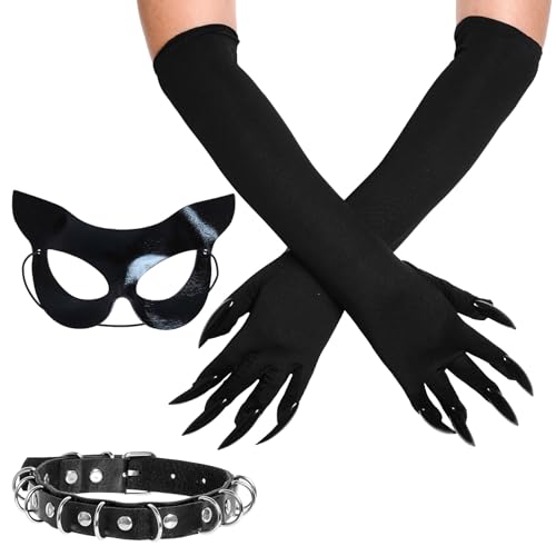 Halloween kattmask dam, svart kattkostym tillbehör med katt mask långa nagelhandskar konstläder halsband, kattwoman mask för halloween karneval maskerad cosplay