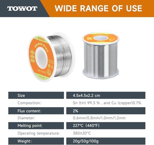 TOWOT Lead-Free Rosin Core Solder Wire Sn99.3Cu0.7 for Electrical Soldering, 2.0% Flux Content, 0.8mm Diameter, Net 20g 5 TOWOT Lead-Free Rosin Core Solder Wire Sn99.3Cu0.7 for Electrical Soldering, 2.0% Flux Content, 0.8mm Diameter, Net 20g - Image 5