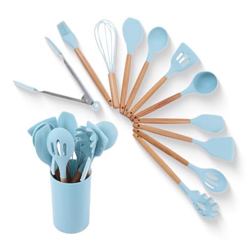 12pcs Cooking Utensils Set, Silicone Cooking Utensils Set Light Blue Non Stick Kitchen Utensil with Wooden Handle Silicone Kitchenware