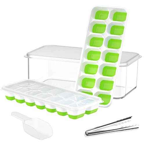 Doqaus Ice Cube Trays 4 Pack Green, 2 Pack Blue With Lid And Bin #TOP1