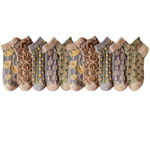 Image of 5 /10 Pairs Floral Vintage Patterned Crew Socks for Women Jacquard Knit Setfor Casual Wear Size 4-9