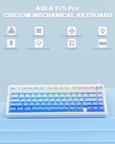 Image of AULA F75 75% Side-Engraved Keycaps Wireless Mechanical Keyboard | Hot Swappable | Pre-lubed Linear Switches | RGB Backlit | 2.4GHz /Type-C /Bluetooth Keyboard (Side-Engraved, Blue Star-Vector Switch)