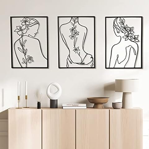 Remenna Minimalist Decor Aesthetic Wall Art Decor Modern Abstract One Line Women Body Face Art Large Metal Wall Decor for Living Room Bedroom Bathroom Set of 3 (Black) Cover