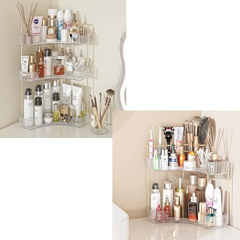 Webetop 3 Tier Corner Bathroom Counter Organizer and 2 Tier Corner Counter Shelf with Makeup Brush Holder Cover