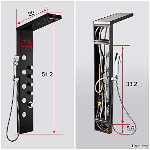 Rovogo Shower Panel Tower With Rainfall Waterfall Shower Head, 5 Body Jets And 3-Function Handheld Shower Head, Stainless Steel Rain Massage System, Wall-Mount Complete Shower Column, Black #TOP4