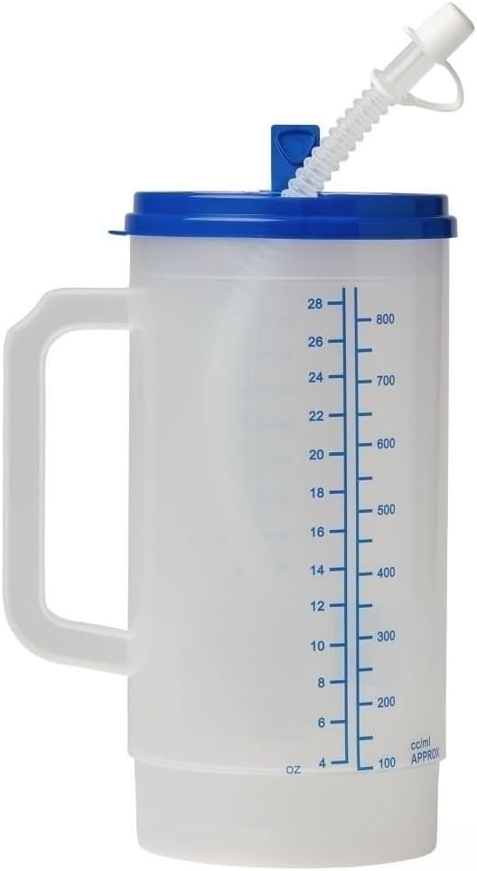 Sandhill Tools Graduated Lightweight Double Wall Insulated Drinking Water Tracking Hospital Carafe 28 oz Mug, Large Carry Handle With Flexible Straw – 1 Each