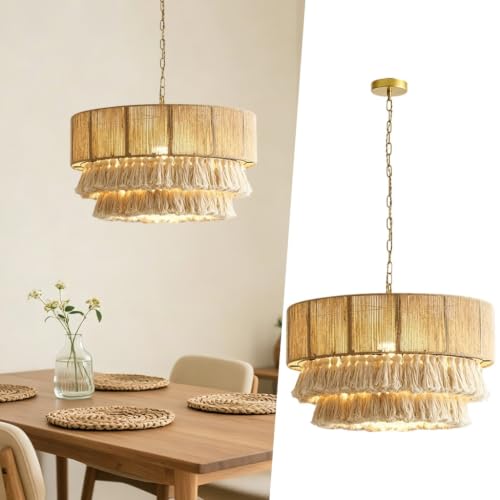 Suspension en tissu tressé bohème E27 lustre rond à franges pour salon