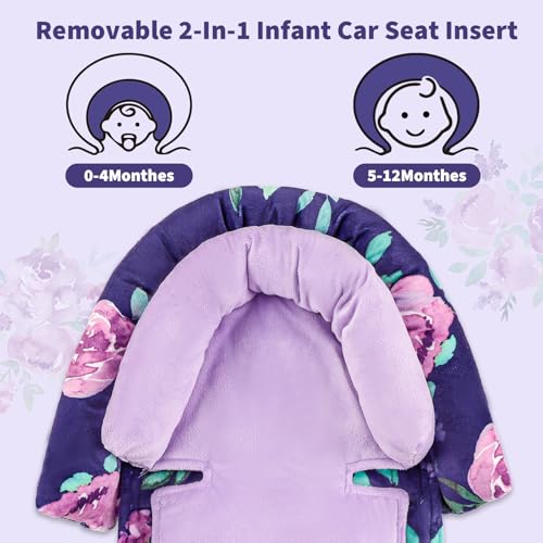 Image of Baby Car Seat Head Support with Extra Headrest, 2-in-1 Babybody Supports with Shoulder Pads Set for Newborn, Adjustable Infant Car Seat Insert Compatible with Stroller, Baby Swing (Purple Flower)