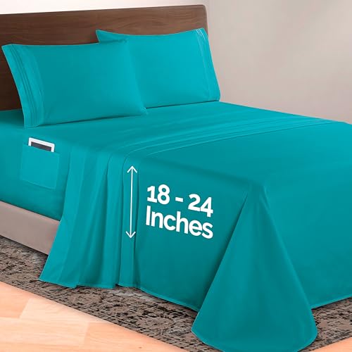 Image of Elegant Comfort Luxurious 1500 Premium Hotel Quality Microfiber 4-Piece Sheet Set, 18-24 Inches Deep - Extra Deep Pocket Sheets - Ultra Soft 4PC Deep Pocket Sheets, California King, Turquoise