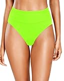Holipick Parte inferior de bikini de cintura alta para mujer, con control de abdomen, parte inferior de traje de baño fruncida, parte inferior de natación de corte alto, Verde neón, Large