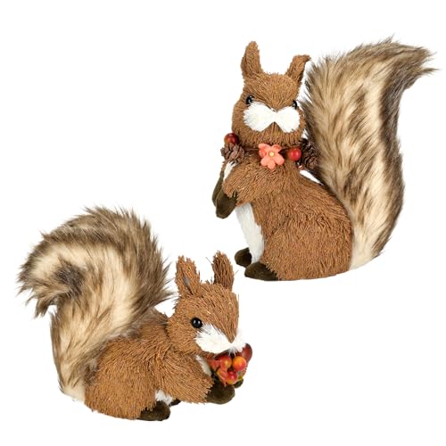 naturevibe 6.3 Inches Sisal Squirrel Decor Set of 2 with Floral Garland for Fall Home Decor,Lifelike Woodland Animals Figurines as Fall Table Centerpieces or Autumn Harvest Festival Display