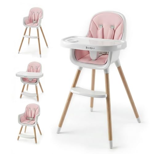 Image of Baby High Chair, Wooden Highchair with Removable Tray, Adjustable Legs, Cushion, 5-Point Harness and Footrest for Infants, Baby, Toddlers, Pink