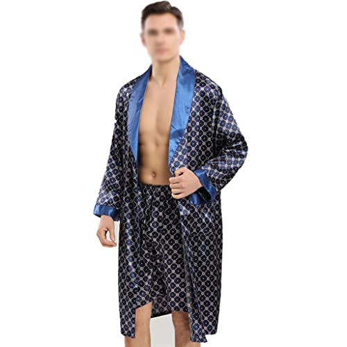 Men Robe Sets Satin Kimono Gown Male Sleepwear Bathrobe Faux Silk Robe&Shorts Suit (Color : Blue, Size : Medium)