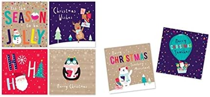 30 x Childrens Seasonal Xmas Cards  |  School Pack For Class Friends & Teachers  |  Christmas Cards With 4 Designs With 1 X Teacher Card And 1 X Teaching Assistant Card (With Bronze/Gold Box)