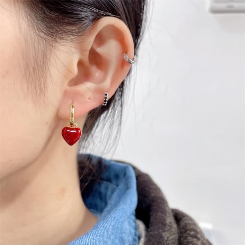 Cute Red Heart Love Dangle Drop Small Huggie Hoop Earrings for Women Vintage Minimalist Gold Plated Enamel Charm Hoops Dainty Hypoallergenic Jewelry for Her4