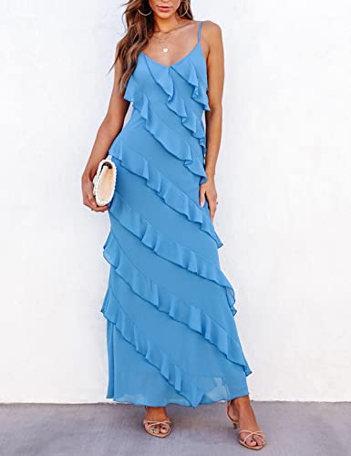 Image of houstil Women's Casual Summer Dress Strap Ruffle Beach Party Maxi Cocktail Evening Holiday Wedding Guest Dresses