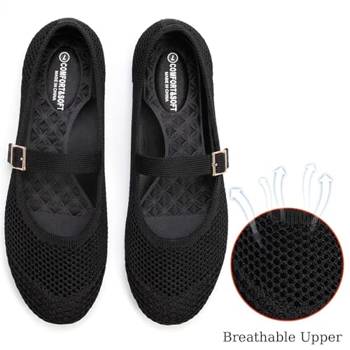 Image of Frank Mully Women's Mary Jane Flats Comfortable Dressy Ballet Flats Casual Round Toe Slip On Washable Knitted Fabric Office Work Woman Shoes